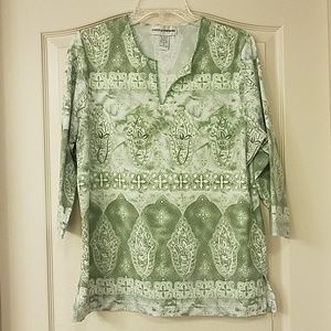 Top, green print, seed beads around neck